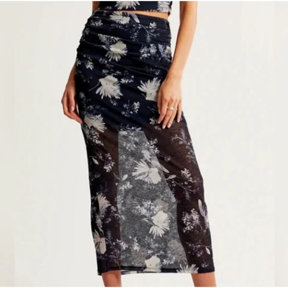SALE Abercrombie Mesh Midi Skirt Floral Navy Sz XLP NWT Ruched Sheer